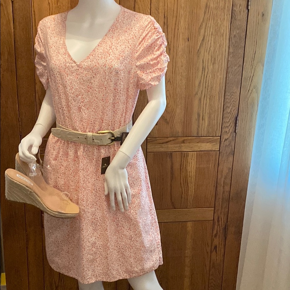 Banana Republic Pink Floral V-Neck Dress Size Petite Large, 100% Cotton Like New